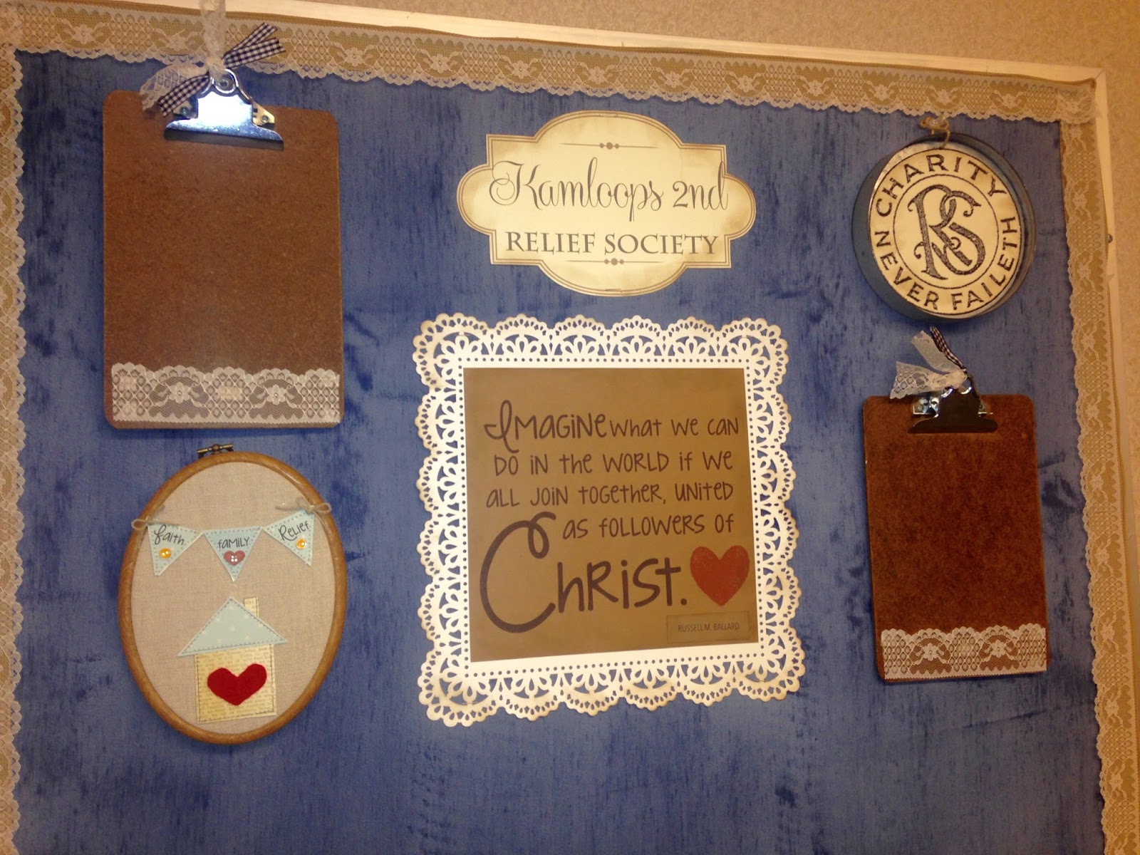 Relief Society Christmas Party Ideas Part - 35: The Top Portion Of The Bulletin Board Is A Miniature Gallery Wall. The Right Corner Has A Round Tin And I Printed A Relief Society Emblem To Put In It.