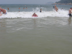 Elsie riding the surf.