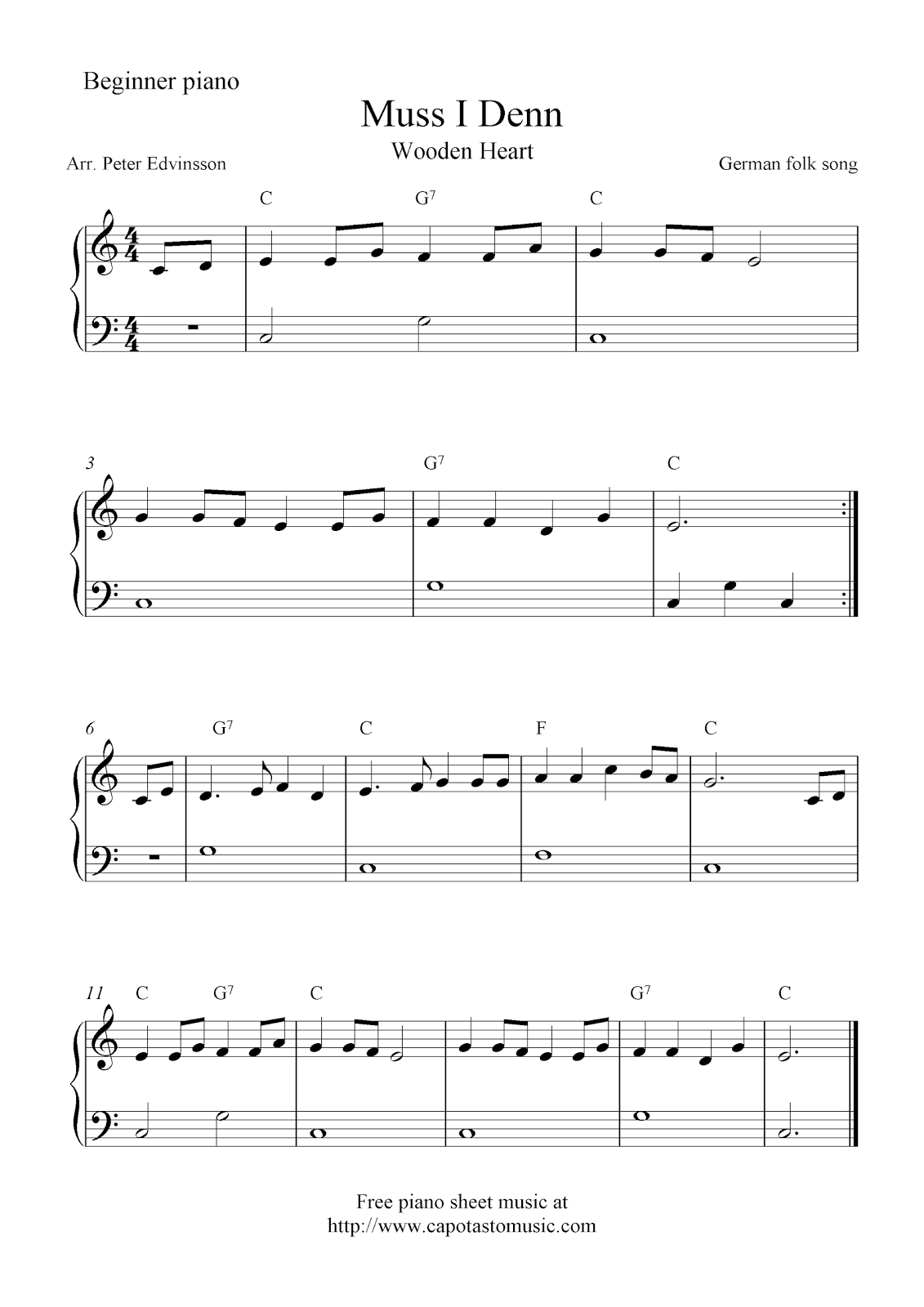 Free easy piano sheet music for beginners, Muss I Denn (Wooden Heart)
