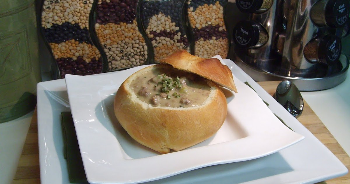 The Open Pantry Cheesy Leek and Ground Beef Soup with Soft Bread Bowls