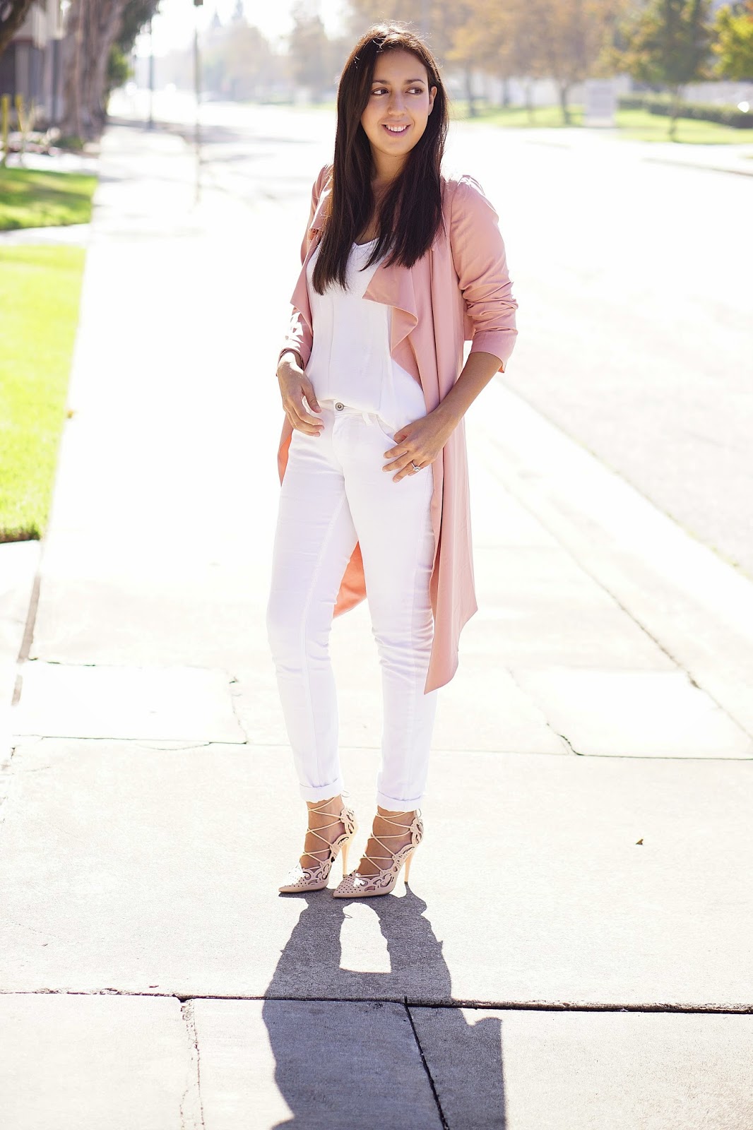 White Mango Cami, MNG by Mango, JCPenney, Arizona Skinny Jeans, White Jeans, Shoedazzle, Pink Trench Coat, Windsor Pink Trench Coat, Windsor, Neutral Outfit, Nude Laser Cut Heels, Christian Louboutin Inspired Heels, California Fall Fashion