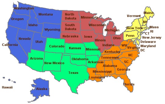 this map shows which states each of the five campuses serve the atlantic region yellow is based out of perry point md the southern region orange is