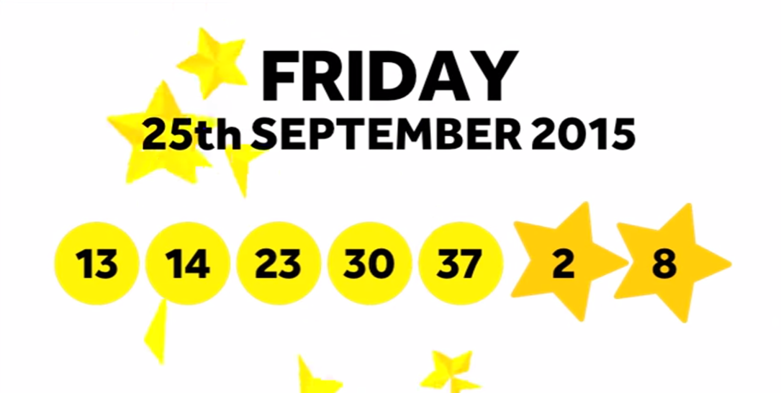 The National Lottery Friday ‘EuroMillions’ draw results from 25th September 2015 - 13,14,23,30,37 Lucky Stars 2, 8