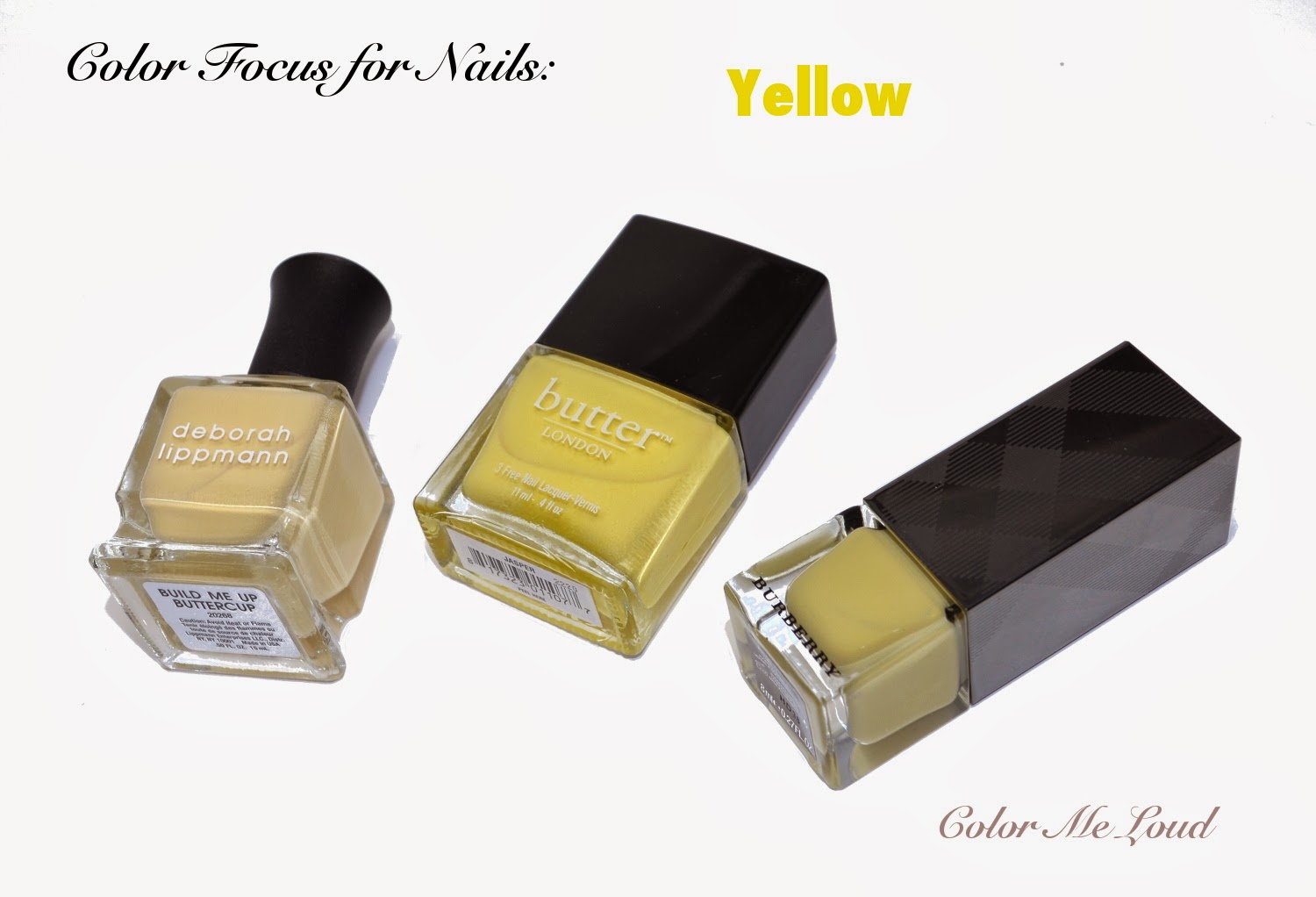 Color Focus: Yellow for Spring Nails, Burberry #415 Pale Yellow, Deborah Lippmann Build Me Up Buttercup, Butter London Jasper, Swatches & Comparison