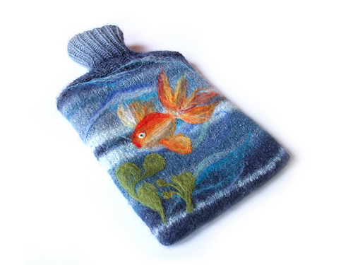Knitted and felted hot water bottle cover with goldfish design