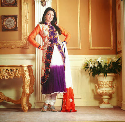 Ravishing Deep Orange, Deep Purple & White Salwar Kameez Ravishing Deep Orange, Deep Purple & White Salwar Kameez