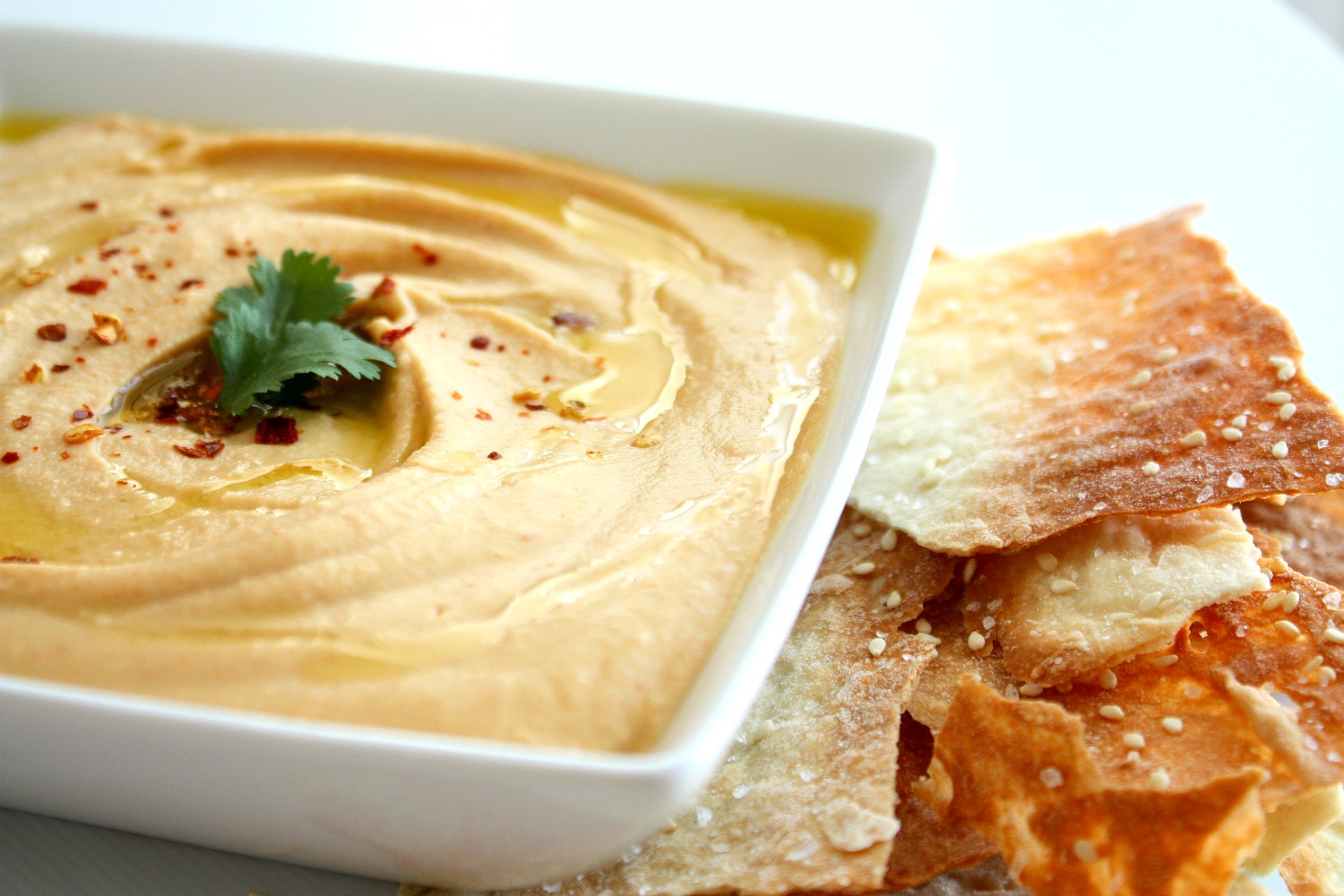 Our Eyes Eat First Spicy Red Chili Hummus and Armenian Lavash Crackers