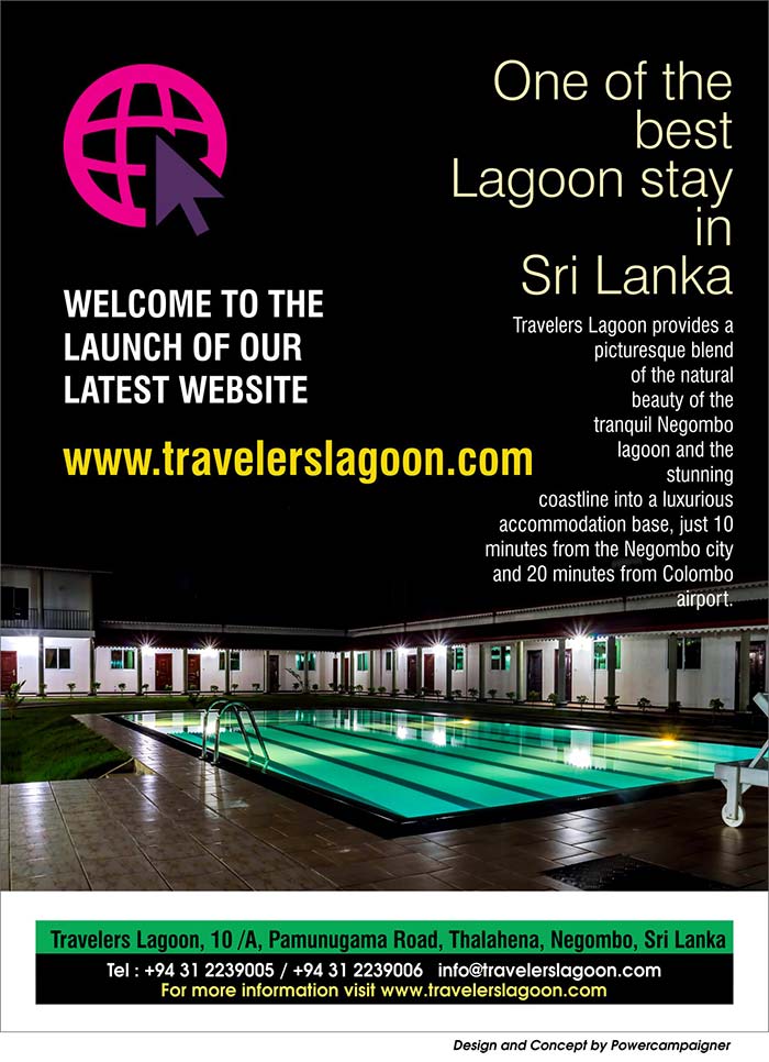 Travelers Lagoon provides a  picturesque blend of the natural  beauty of the tranquil Negombo  lagoon and the stunning  coastline into a luxurious  accommodation base, just 10  minutes from the Negombo city  and 20 minutes from Colombo  airport.