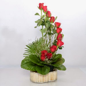 Send flowers to india 12 red roses basket with green