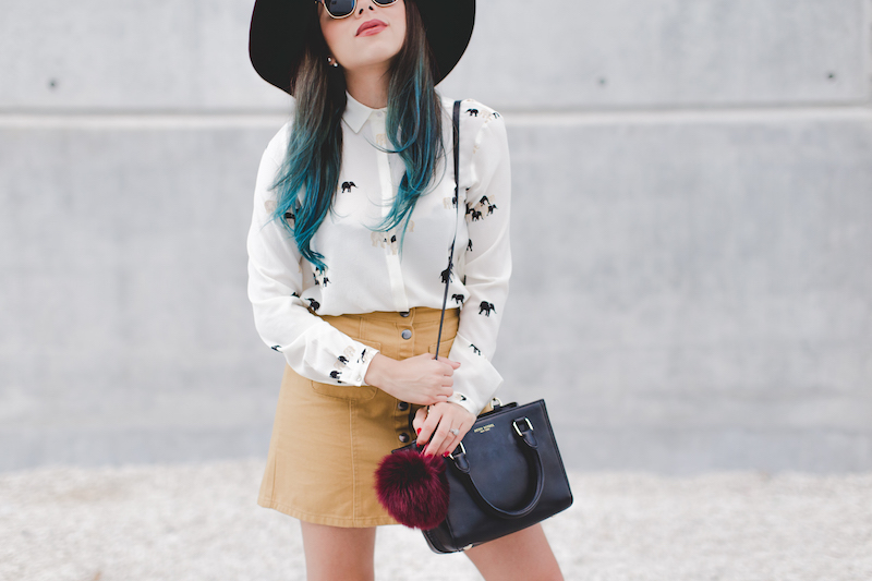 zara, elephant blouse, button down skirt, urban outfitters, henri bendel, velvet hat, free people, guess, ankle booties, fur keychain , miami, miami fashion, blue hair, ray ban sunglasses, 