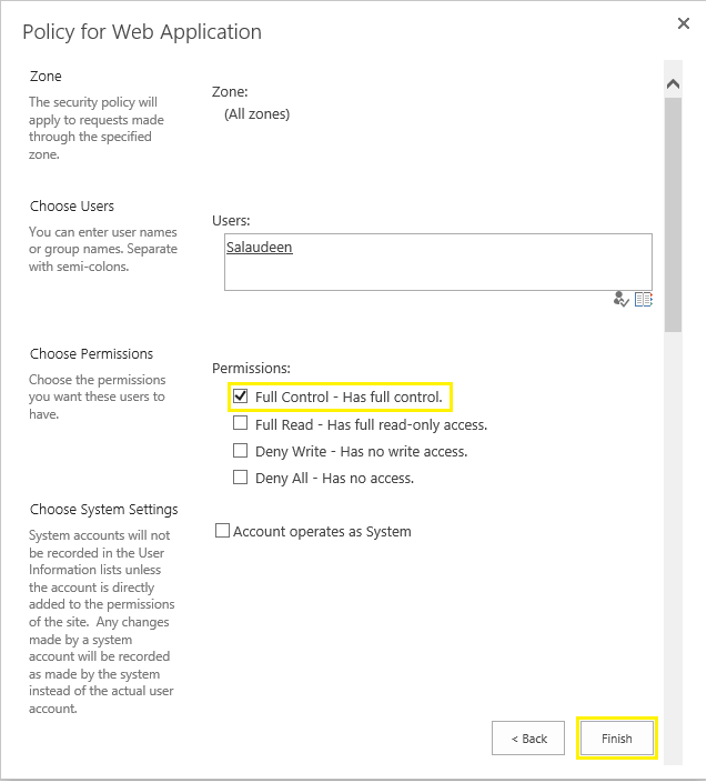 Add user to web application user policy sharepoint 2016