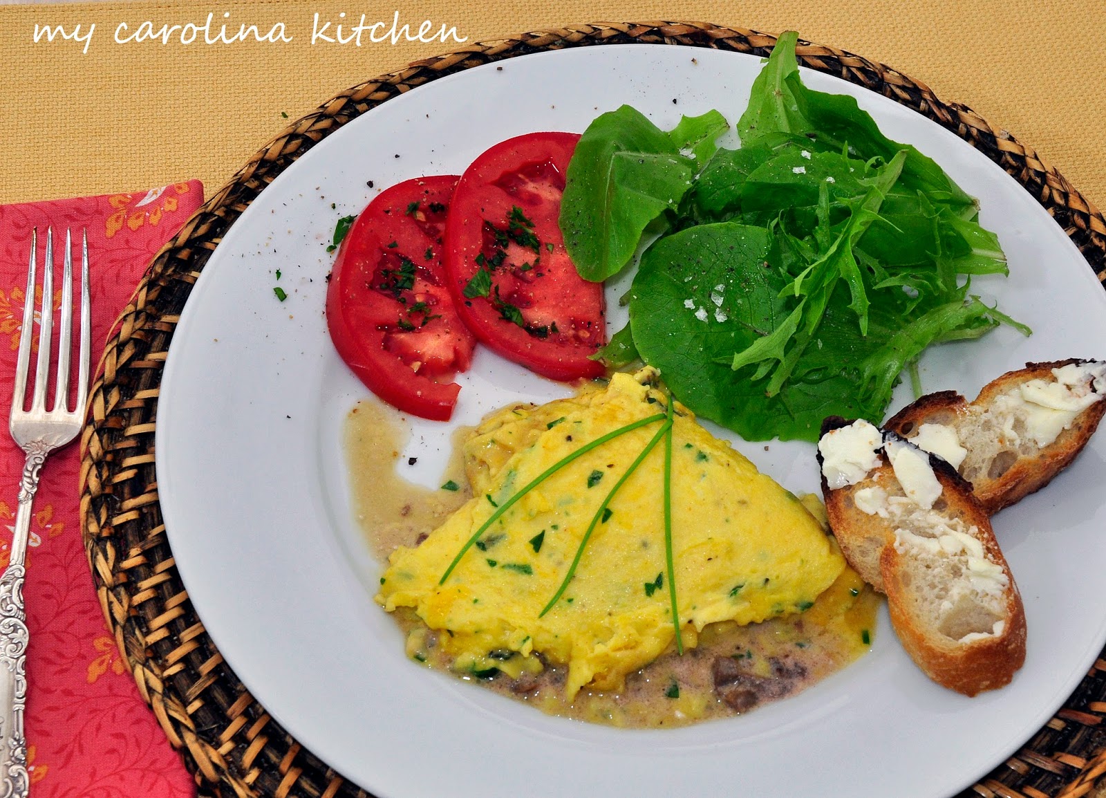 My Carolina Kitchen Truffle Omelet with Fine Fresh Herbs and a Port