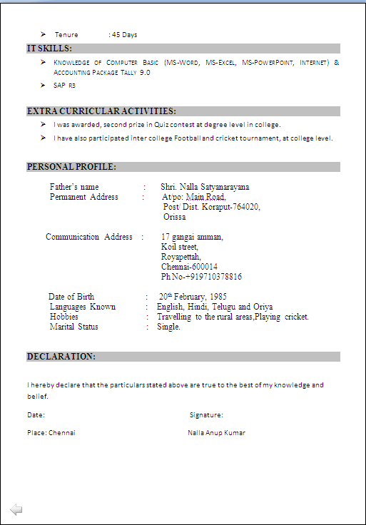 Iti Student Resume Format DOWNLOAD RESUME FORMAT IN WORD DOC
