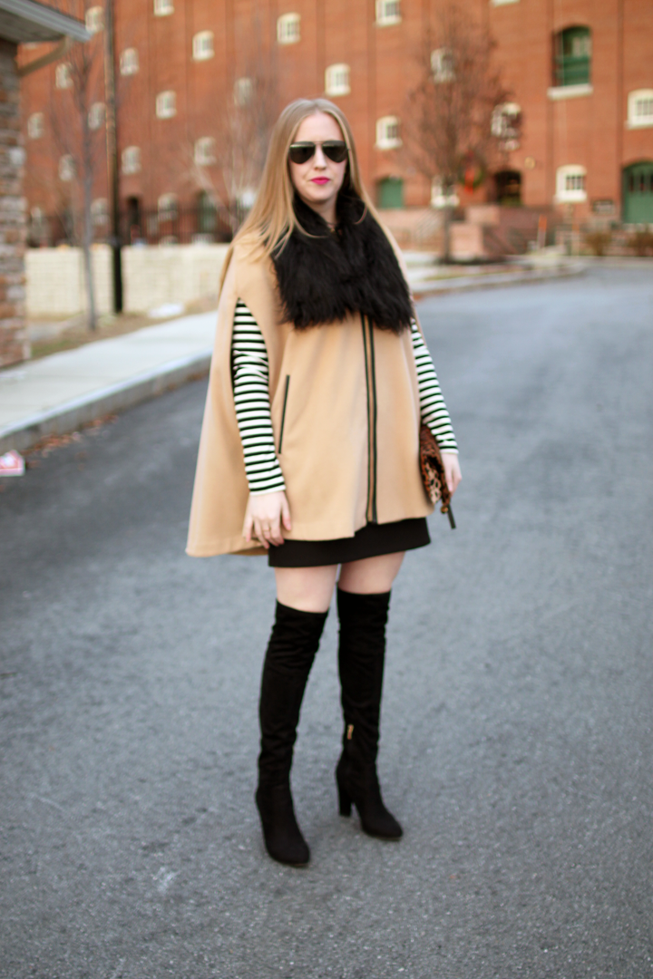 nude cape, black dress, stripes, boston blogger style, style blogger, over the knee boots, layers, clare v. foldver leopard clutch, 