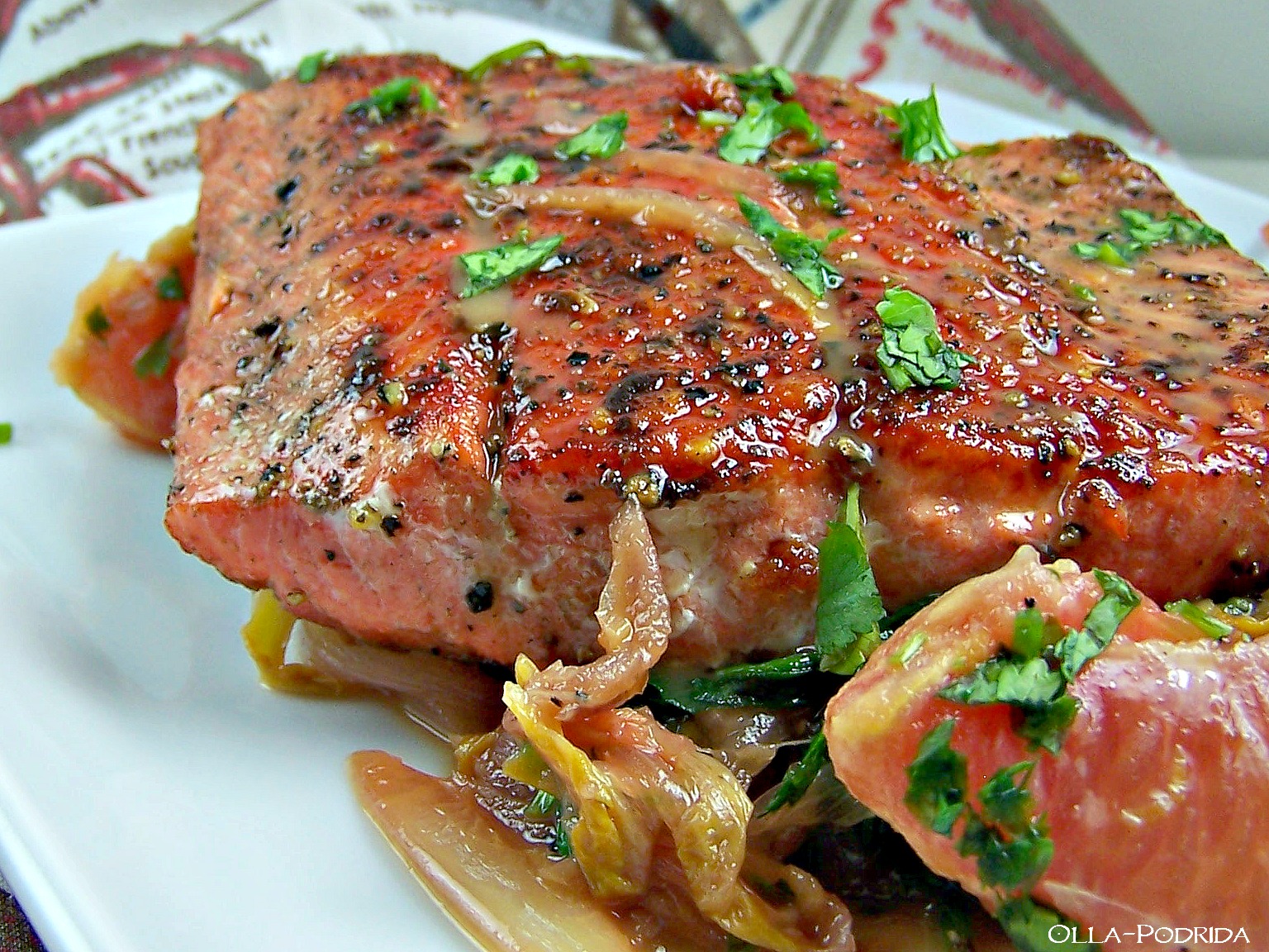 OllaPodrida Seared FiveSpice Salmon with Gingered Blood Oranges
