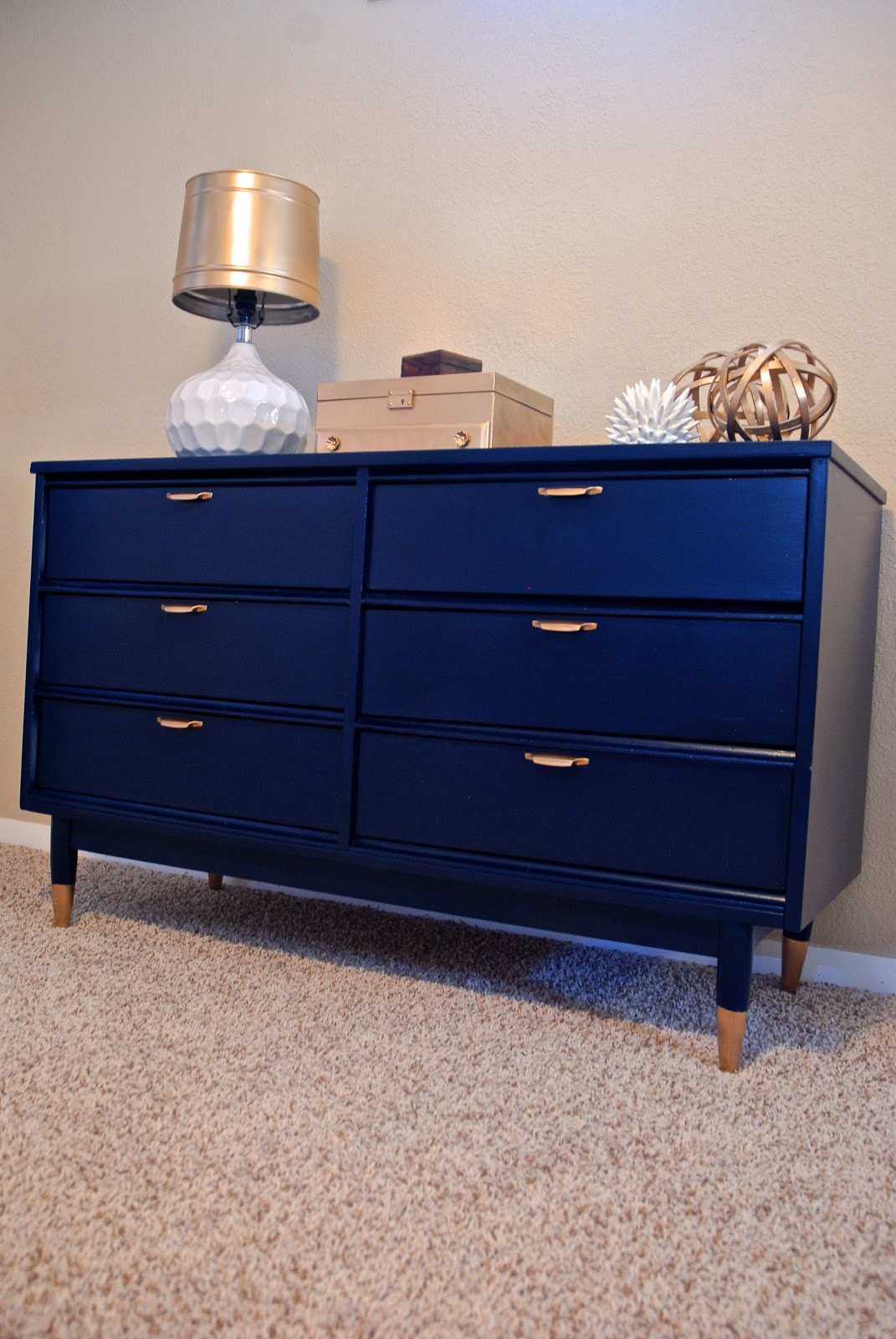 Navy MidCentury Dresser Redo with Gold Dipped Legs