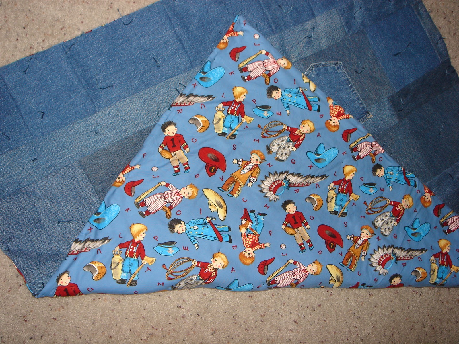 Our Creative Hands Blog Recycled Jeans handmade into Lap size Quilt