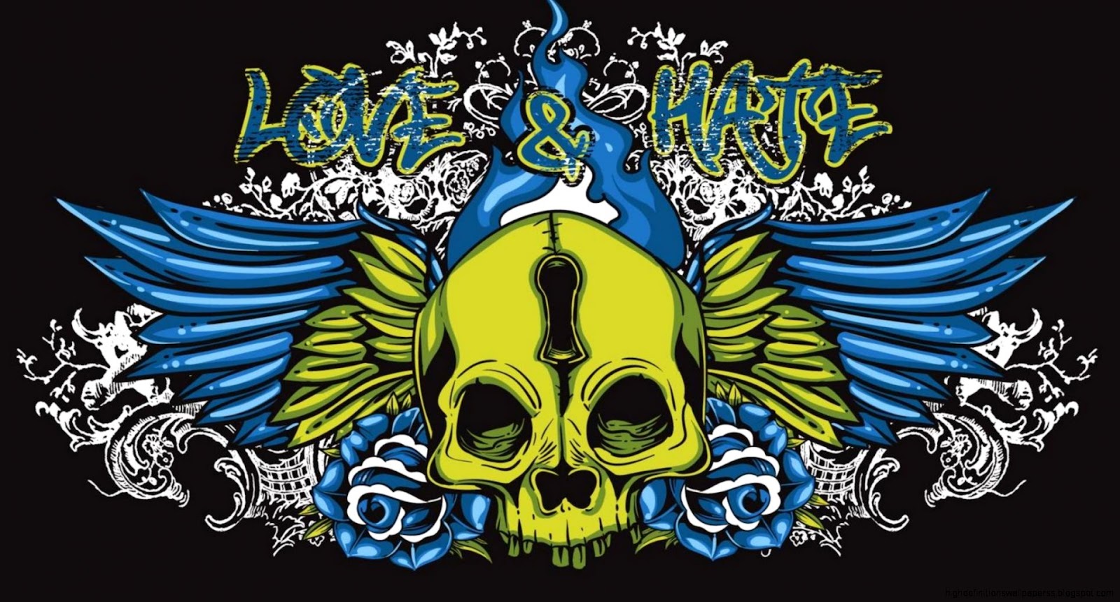 Wallpaper skull style graphics wings love hate two sides Wallpaper skull style graphics wings love hate two sides