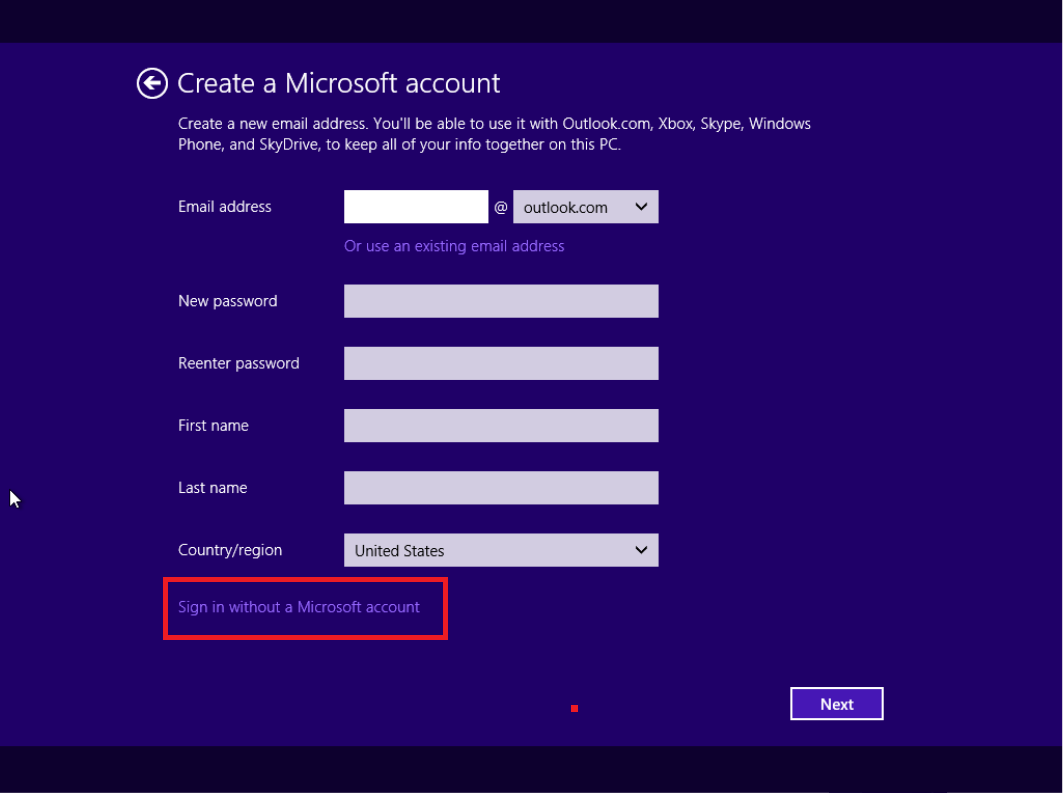 Infotech: Windows 8.1 - Skip Microsoft account sign in during installation