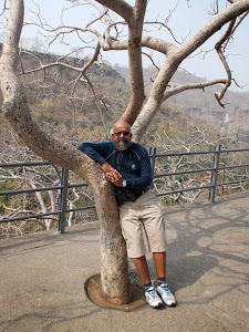 Self against a "Ghost tree" at Ajanta Cave Complex entrance.
