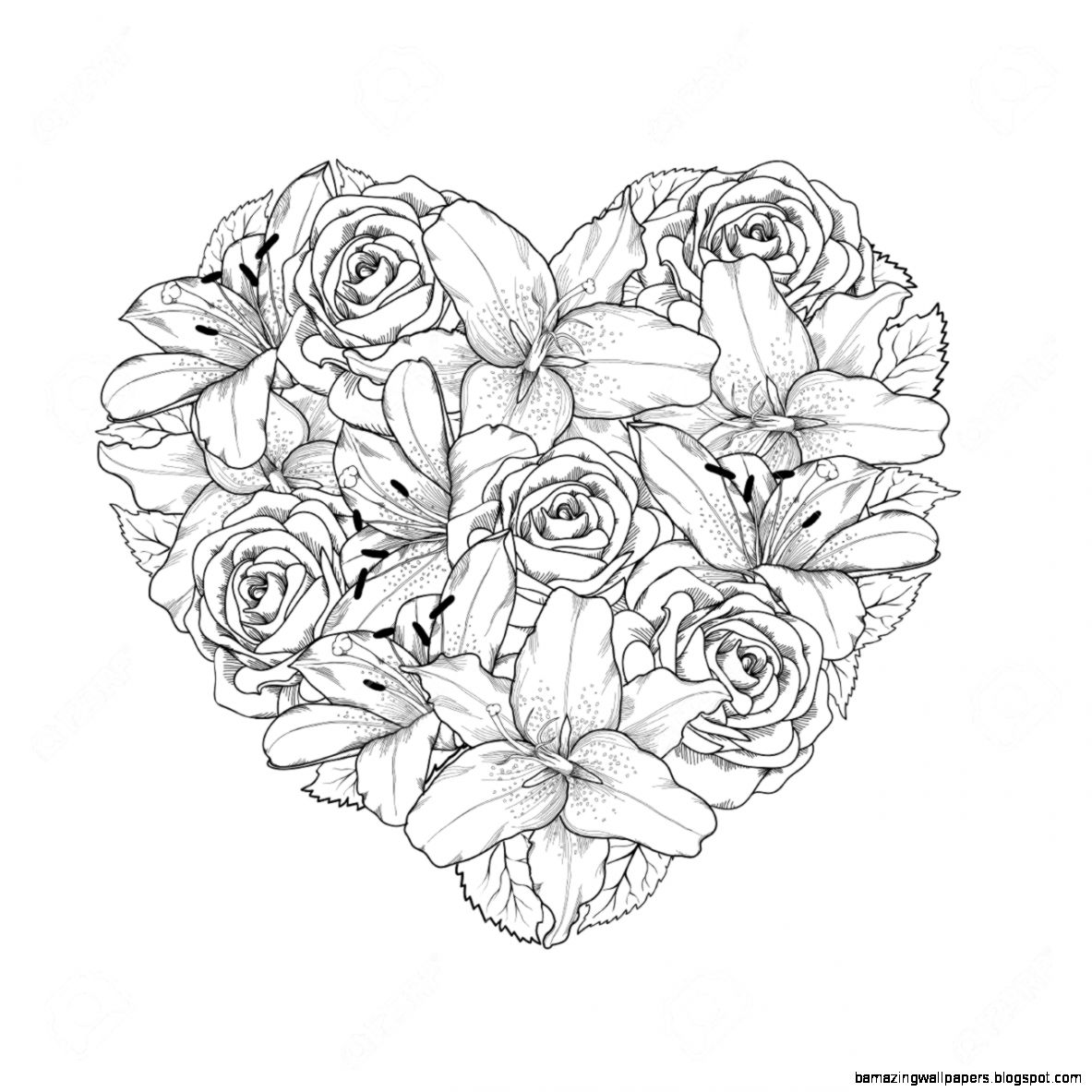 Beautiful Heart Decorated By Flowers Roses And Lilies Of Black Beautiful Heart Decorated By Flowers Roses And Lilies Of Black