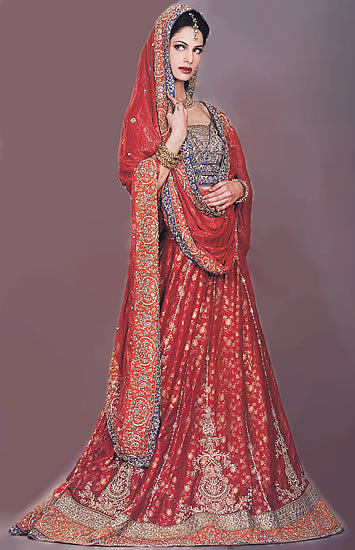 Traditional Bridal Dress Raw silk blue choli and red lehenga