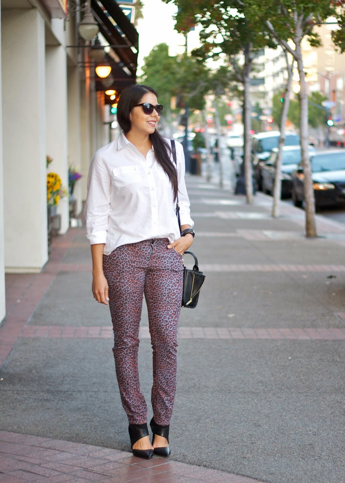 Leopard Skinny Jeans Leopard Skinny Jeans, Tommy Hilfiger ROLL-SLEEVE LINEN SHIRT, san diego fashion blogger, downtown san diego street style, downtown street style