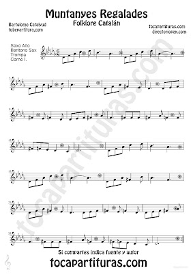 Tubepartitura Muntanyes Regalades de Bartolome Calatayud partitura para Saxofón Alto, Barítono y Trompa canción típica del folclore catalán