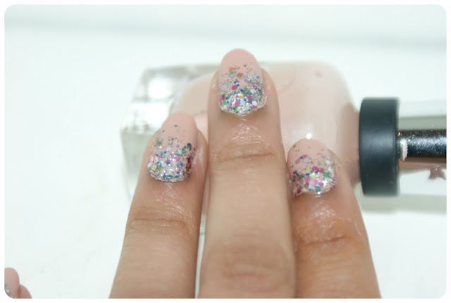 Reverse Glitter Nails L'Oreal nail polish in Sequin Explosion and Sally Hansen Cafe Au Lait