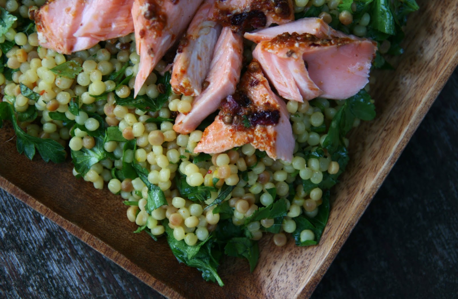 Harissa Salmon with Lemony Herbed Couscous Recipe mostly foodstuffs