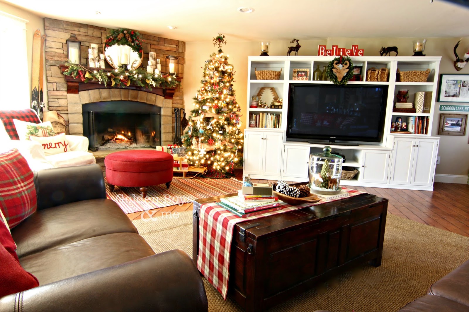 Rustic lodge Christmas family room with Pottery Barn style entertainment center-www.goldenboysandme.com