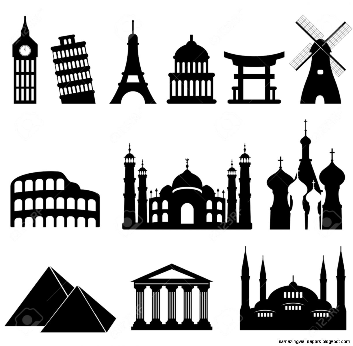Travel Famous Landmarks And Monuments In Black Royalty Free Travel Famous Landmarks And Monuments In Black Royalty Free