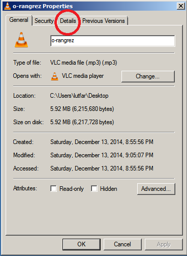 Details Music Properties Details Tab