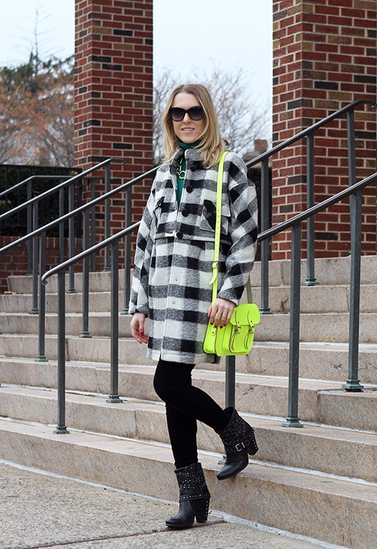 The Wind of Inspiration Outfit of the Day  Post – “Checked Coat Meats Studded Boots” (Asos Checked Coat, Asos Swing Sweater, Blank NYC Corduroy Skinny Pants, Nero Bianco Studded Boots, Yochi Neon Crystal Necklace, The Cambridge Satchel Company Fluoro Satchel, Wittnauer Chronograph Watch, Michael Kors Sunglasses, Sally Hansen Nail Polish)