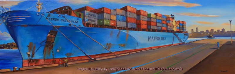 container ship 'Maersk Gateshead' at Barangaroo oil painting by artist Jane Bennett