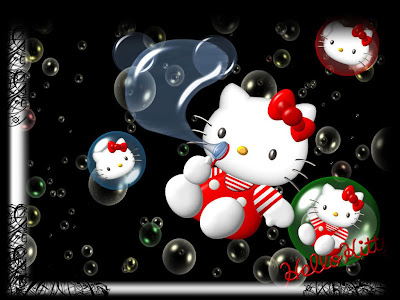 Hình nền dễ thương: Mèo Hello Kitty thổi bong bóng