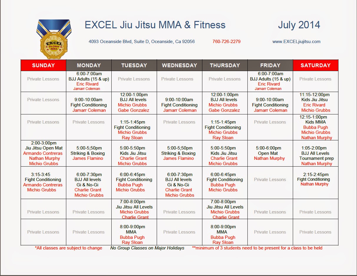 Excel Jiu Jitsu MMA & Fitness July Excel Jiu Jitsu MMA Academy Schedule