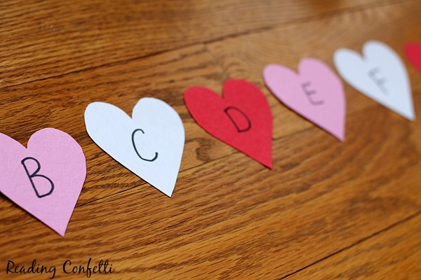 An alphabet treasure hunt with a Valentine's Day theme is a fun way to practice letters.
