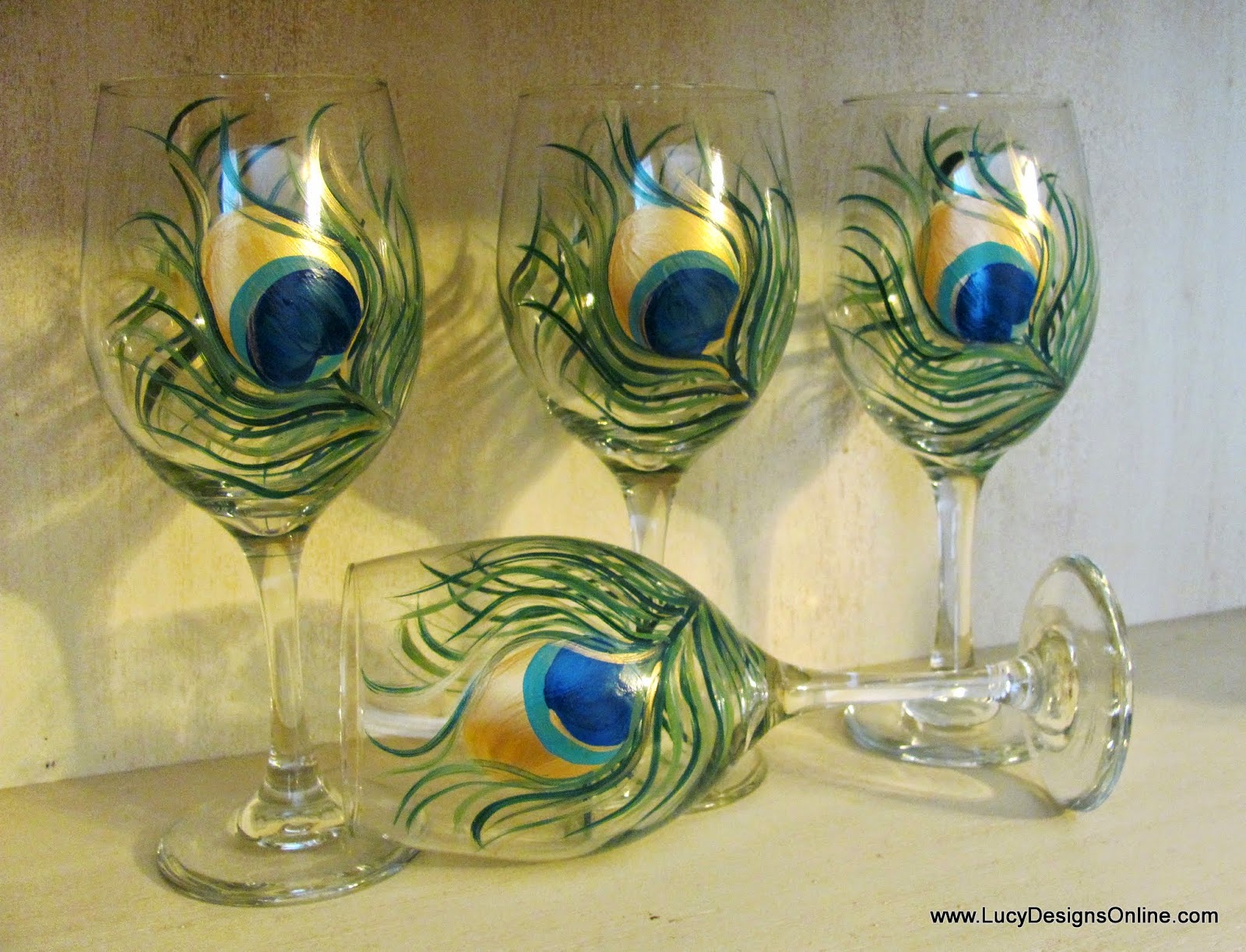 How to Paint on Glass, Hand Painted Peacock Feather Wine Glasses from