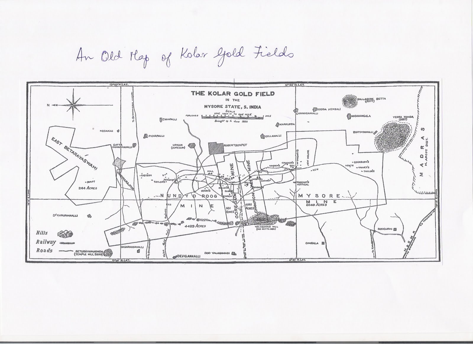 Kolar Gold Fields NOSTALGIA OLD MAP OF KOLAR GOLD FIELDS