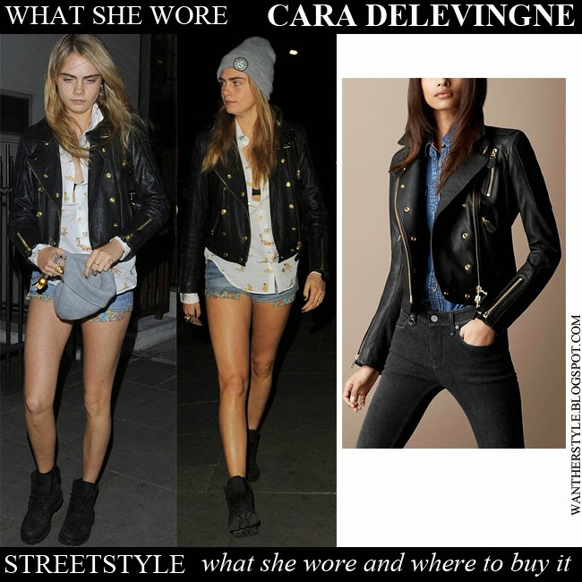 What She Wore Cara Delevingne In Black Leather Biker Jacket With Cara Delevingne In Black Leather Biker Jacket Burberry With Denim Shorts And Ankle Boots Want