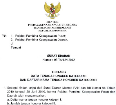 2013 (Shio: Ular Air): SURAT EDARAN MENPAN - PENDATAAN HONORER K1 & K2