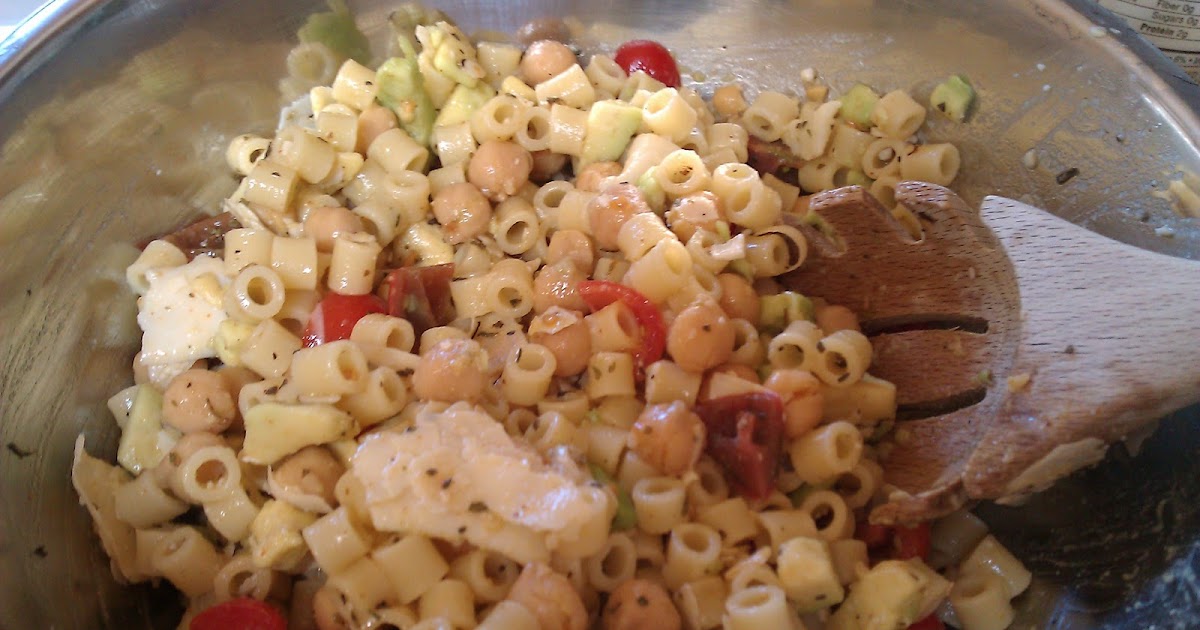 Mommy and Baby food Pasta Salad with Cherry Tomato, Avocado, and Garbanzo Beans for the Whole