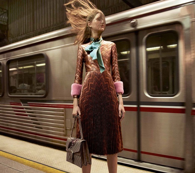 Gucci Fall 2015 Campaign, Tessa Charlotte Bruinsma Gucci 2015 AW Zig-zag Lurex Plissé Dress Editorials