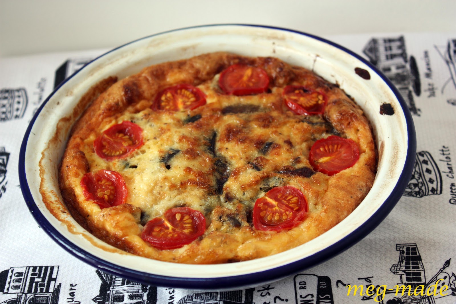 megmade Bacon, caramelised onion and tomato frittata