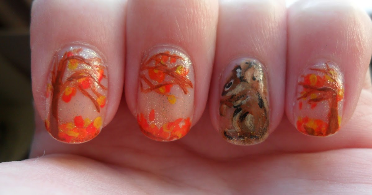 Sara Fisk; Nail Art Squirrel & acorn nails part 2; with autumn trees