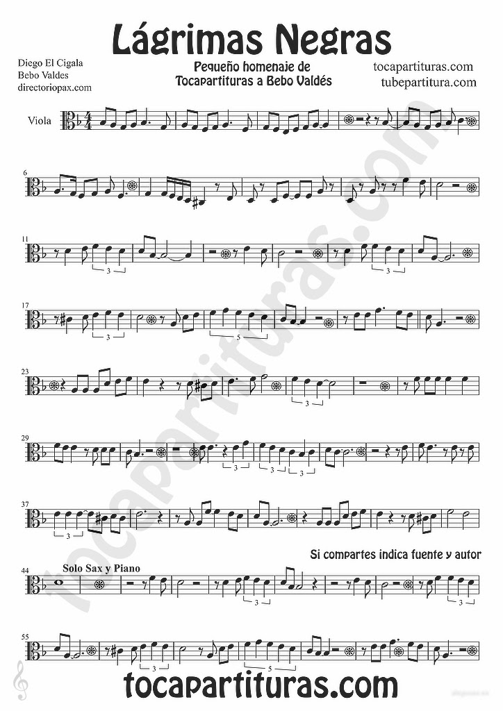 tubescore Black Tears Sheet music for Viola Lagrimas Negras by Bebo