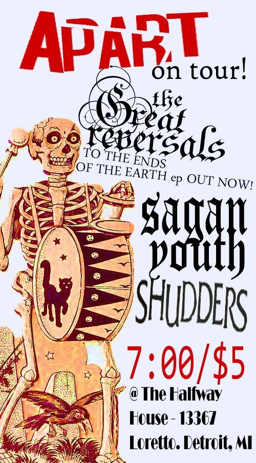 Apart (Mayfly Records), Great Reversals, Sagan Youth and Shudders - Wed. June 27th at the Halfway House Apart+show