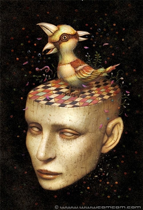 02-Bird-on-Stage-Naoto-Hattori-Dream-or-Nightmare-Surreal-Paintings-www-designstack-co