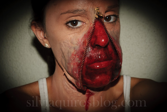 Maquillaje Halloween 5: Cremallera abierta en el rostro, Halloween Make-up 5: Open zipper on the face, efectos especiales, special effects, Silvia Quirós